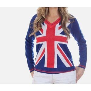 Typsy Elves Sweater Womens Medium Red Blue UK Flag V Neck Union Jack British